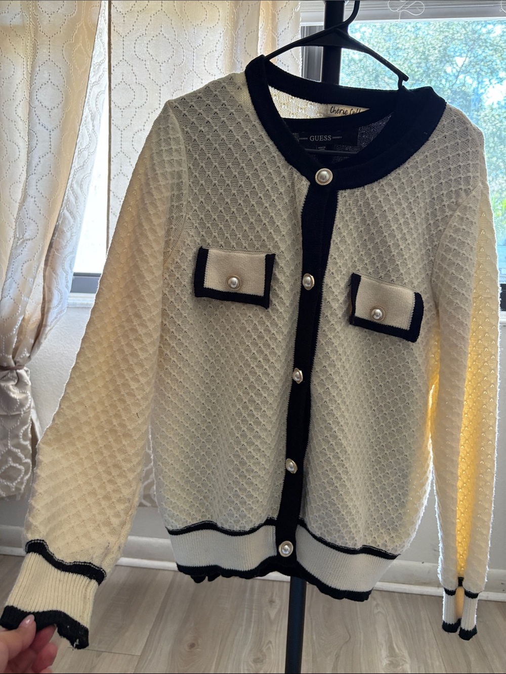 Guess Cream Knit Cardigan with Black Trim and Pearl Buttons - Picture 2 of 2